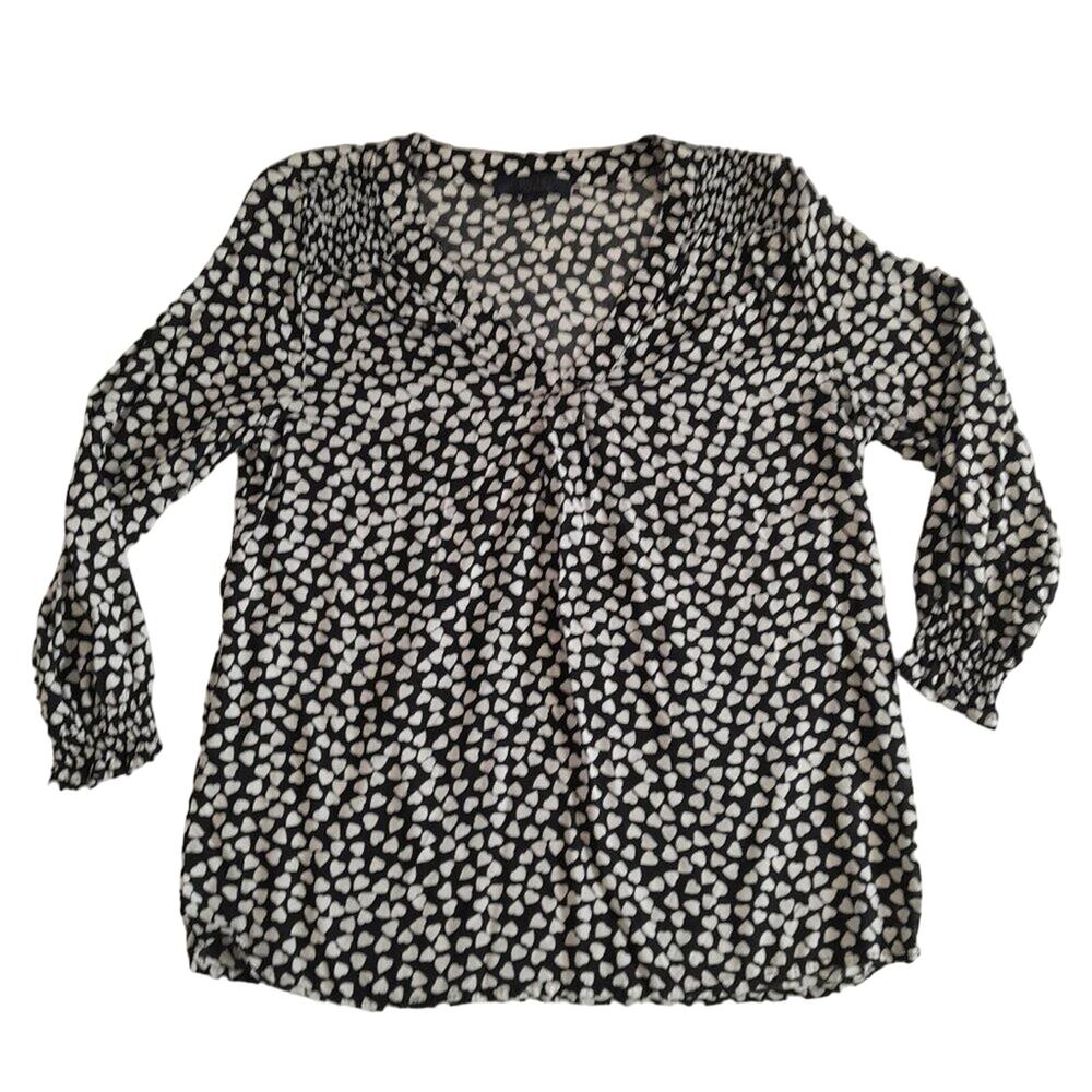 Rachel Roy Black White Hearts V-neck Blouse Classic Feminine Whimsy Romantic Fun